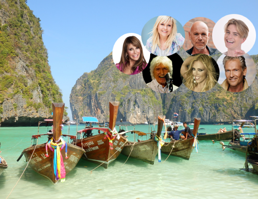 Maya Bay in Thailand mit traditionellen Longbooten, außerdem Ireen Sheer, Gaby Baginsky, Olaf Henning, Vincent Gross, Peter Orloff, Loona und Olaf Berger