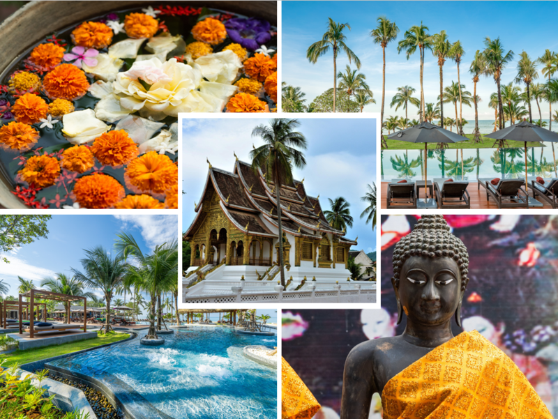 Collage aus einer zeremoniellen Blumenschale, dem Hotelresort La Flora, dem Tempel Luang Prabang und einer Buddhastatue